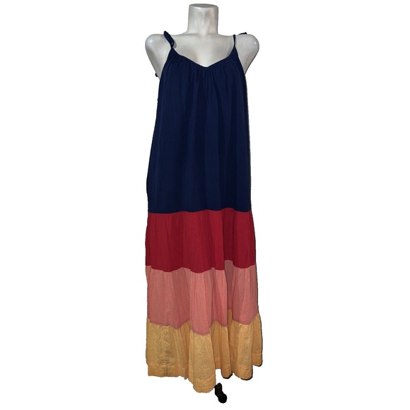 Old Navy Dresses & Skirts - Old Navy Womens Large Colorblock Tiered Maxi Dress Navy Red Yellow Boho Tassels